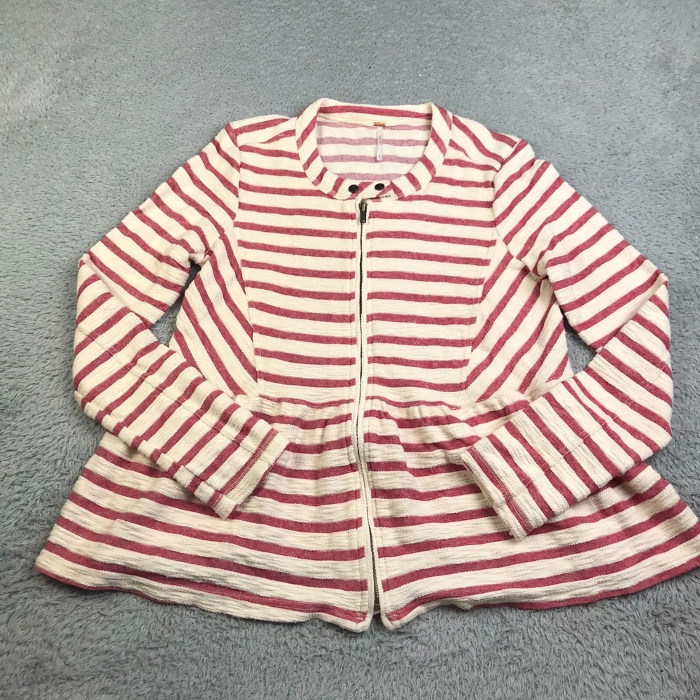 Free People Jacket Womens M Red Striped Terry Cloth Peplum Full Zip‎ Cardigan